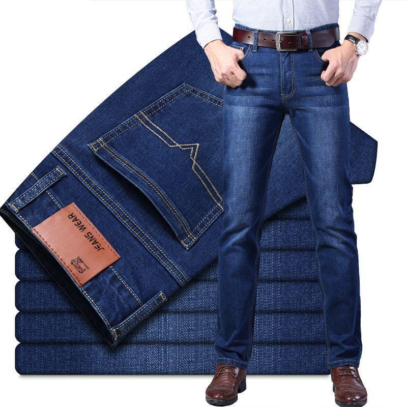 Winter Fleece-Lined Thickened Jeans Men'S High Waist Straight Loose Casual Elastic Outer Wearing Warm Pants - Image 1